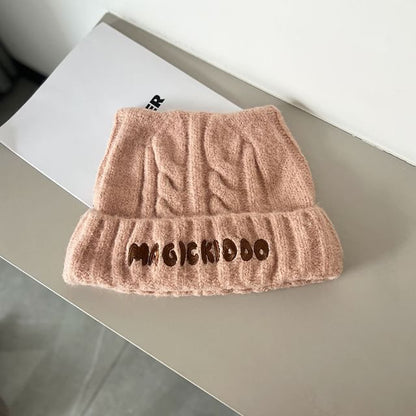 Lettering Knit Embroidered Cable Beanie