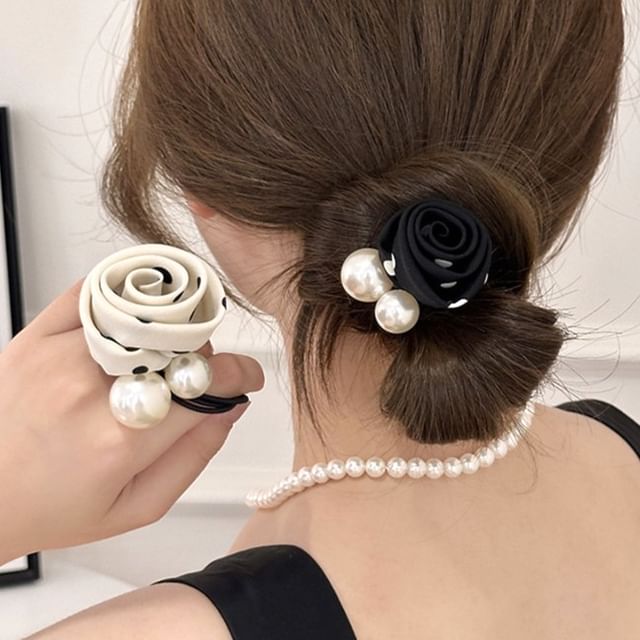 Flower Faux Pearl Accent Hair Tie