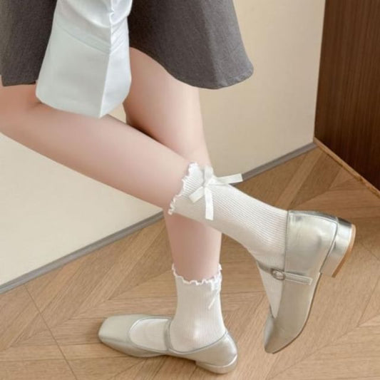 Plain Bow Lettuce Edge Ribbed Socks