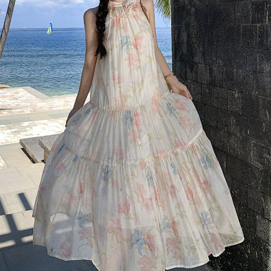 Tiered Midi Sundress Floral Sleeveless A-Line Halter