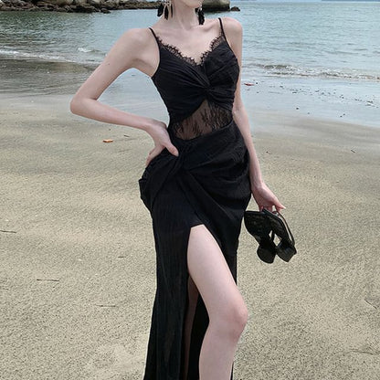 Sheath Slit Panel Maxi Lace Strap Dress Knot Spaghetti