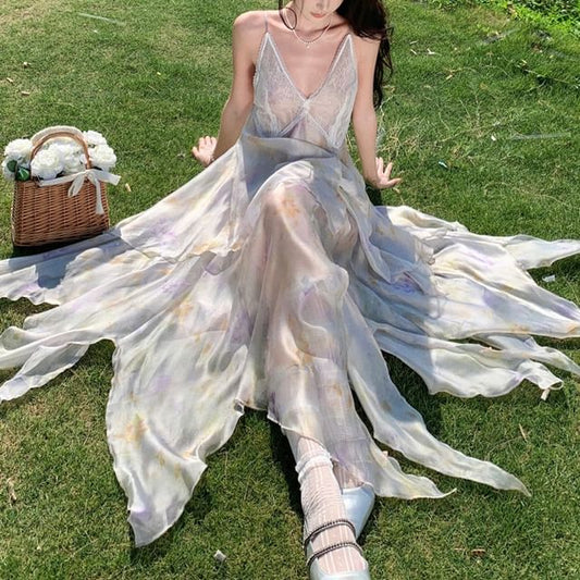 Floral A-Line Lace Spaghetti Sundress Strap Panel Midi Asymmetrical