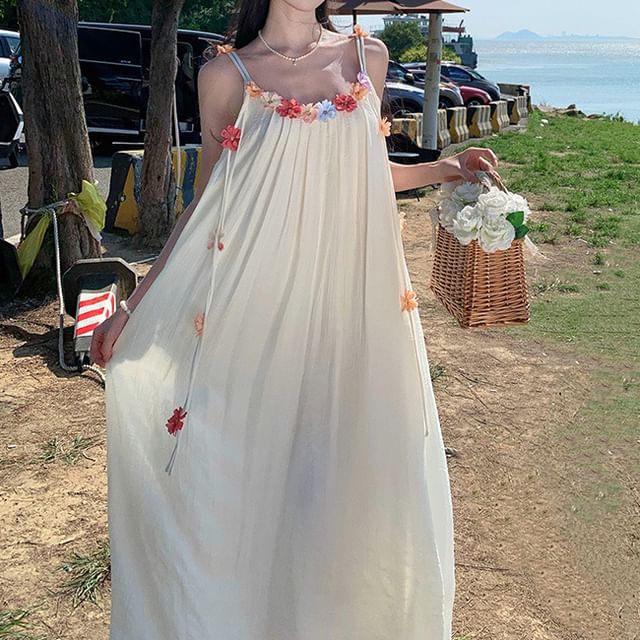 Flower Accent Strap Spaghetti Dress A-Line Midi