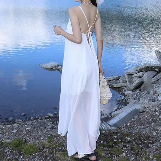 Spaghetti Midi Asymmetrical Plain A-Line Strap Dress