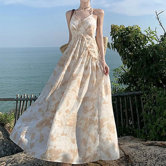 A-Line Open Back Floral Trim Dress Maxi Halter Ruffle