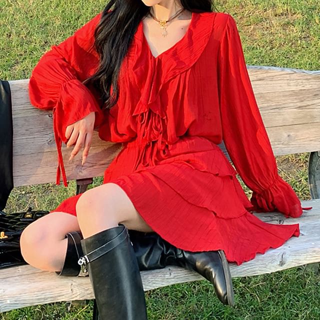 Skirt A-Line + Mini V-Neck Tiered Blouse Set: Plain Long-Sleeve