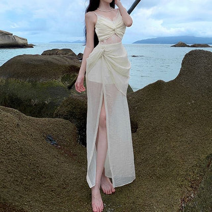 Sheath Slit Panel Maxi Lace Strap Dress Knot Spaghetti