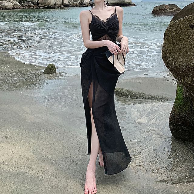 Sheath Slit Panel Maxi Lace Strap Dress Knot Spaghetti