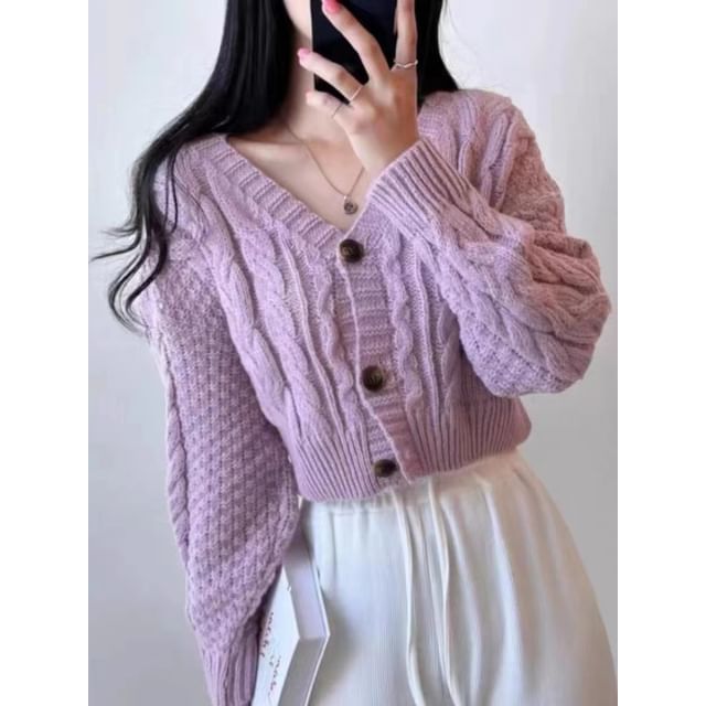 Cropped Cable-Knit V-Neck Cardigan