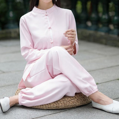 Set: Long-Sleeve Band Collar Plain Hanfu Blouse + Mid Rise Plain Wide Leg Pants