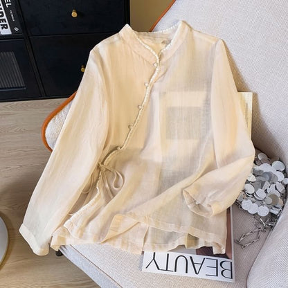 Long Sleeve Band Collar Plain Hanfu Blouse