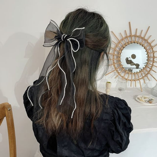 Faux Pearl Bow Mesh Hair Clip