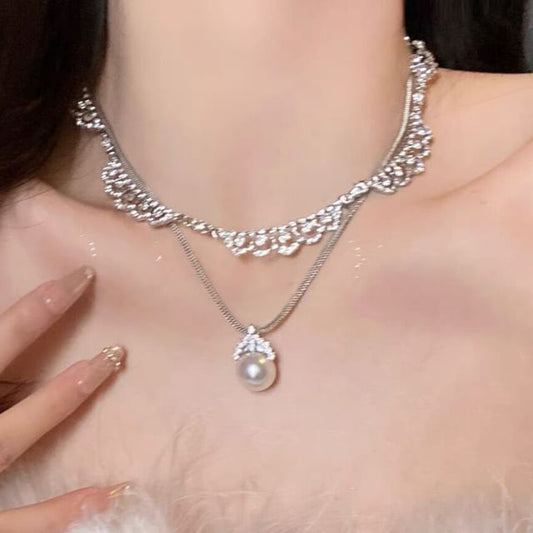 Faux Pearl Pendant Necklace / Rhinestone Lace-Shaped Necklace