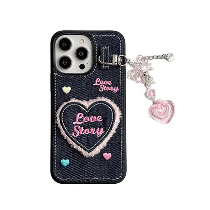 Heart Embroidered Denim Phone Case