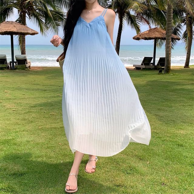 A-Line Gradient Midi Strap Spaghetti Dress