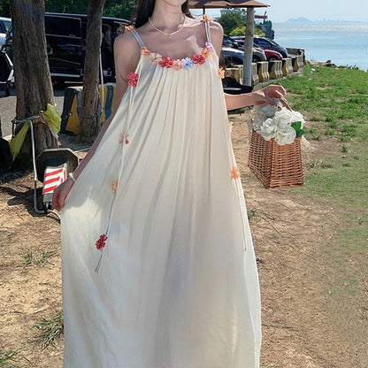 Flower Accent Strap Spaghetti Dress A-Line Midi