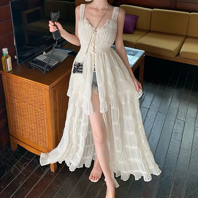 Maxi Dress Button Sleeveless Plain Slit A-Line