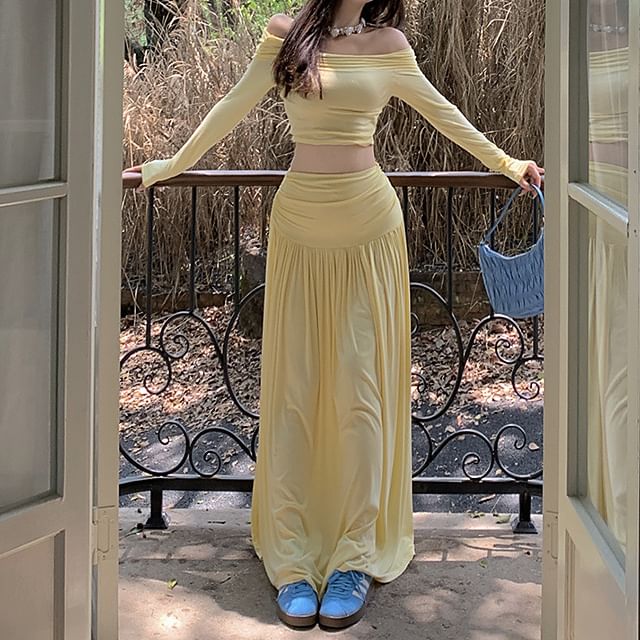 A-Line Tee Crop Slim Skirt Set: Long-Sleeve + Waist Fit High Off-Shoulder Maxi Plain