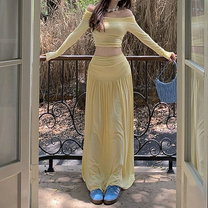 A-Line Tee Crop Slim Skirt Set: Long-Sleeve + Waist Fit High Off-Shoulder Maxi Plain