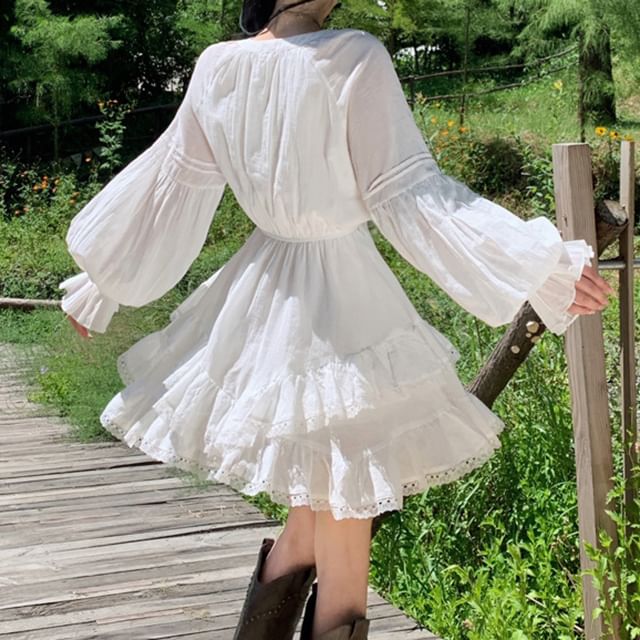 Trim Mini Long-Sleeve Dress Lace Plain A-Line Tiered