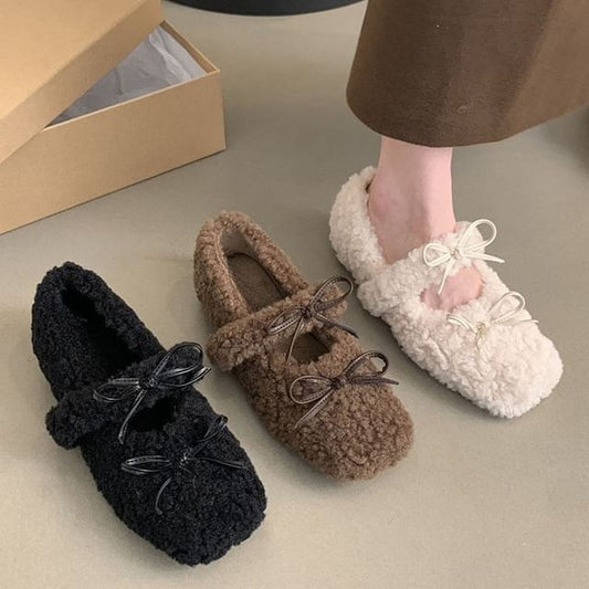 Toe Fleece Bow Mary Jane Square Hidden Wedge Shoes