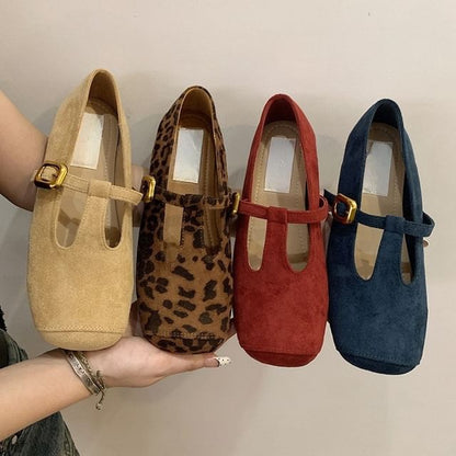Faux Toe Suede Square Flats T-Strap