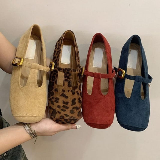 Faux Toe Suede Square Flats T-Strap