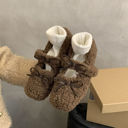 Toe Fleece Bow Mary Jane Square Hidden Wedge Shoes