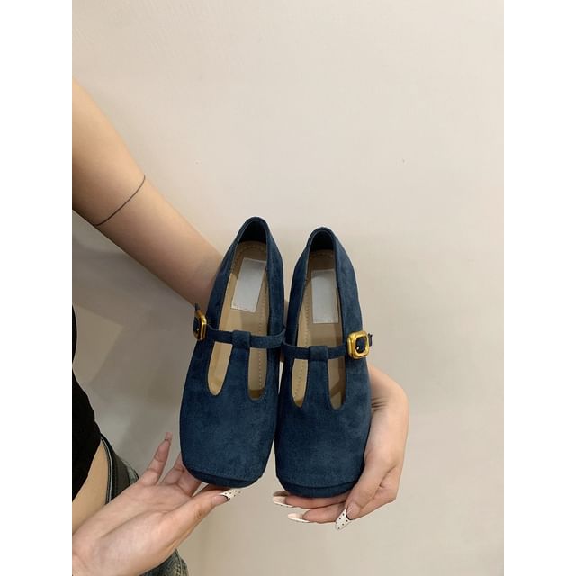 Faux Toe Suede Square Flats T-Strap