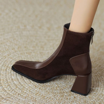 Square Faux Panel Block Toe Heel Boots Suede Short