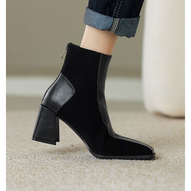 Square Faux Panel Block Toe Heel Boots Suede Short