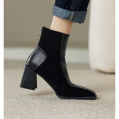Square Faux Panel Block Toe Heel Boots Suede Short