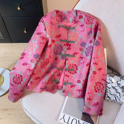 Veste courte à col ras du cou et imprimé floral avec boutons noués