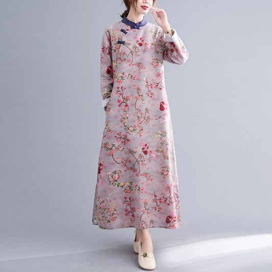 Qipao Maxi à imprimé floral et col montant à manches longues