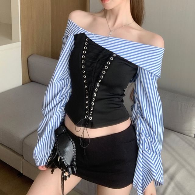 Blouse Off-Shoulder Flared-Sleeve Lace-Up Cropped Striped