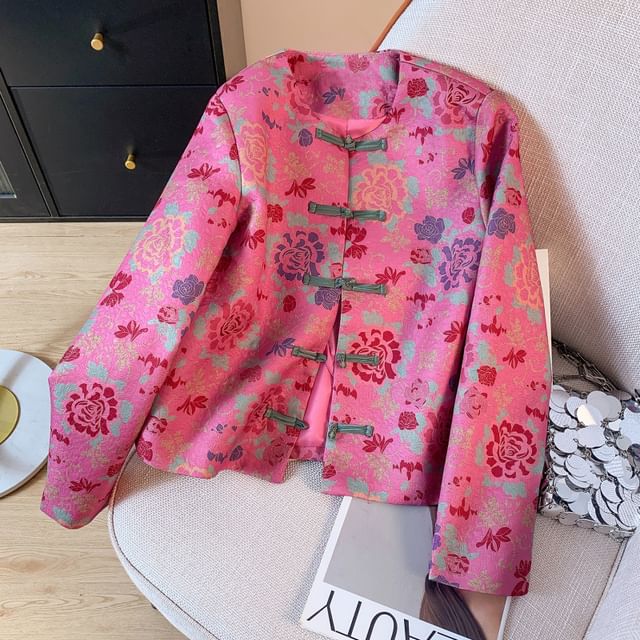 Veste courte à col ras du cou et imprimé floral avec boutons noués