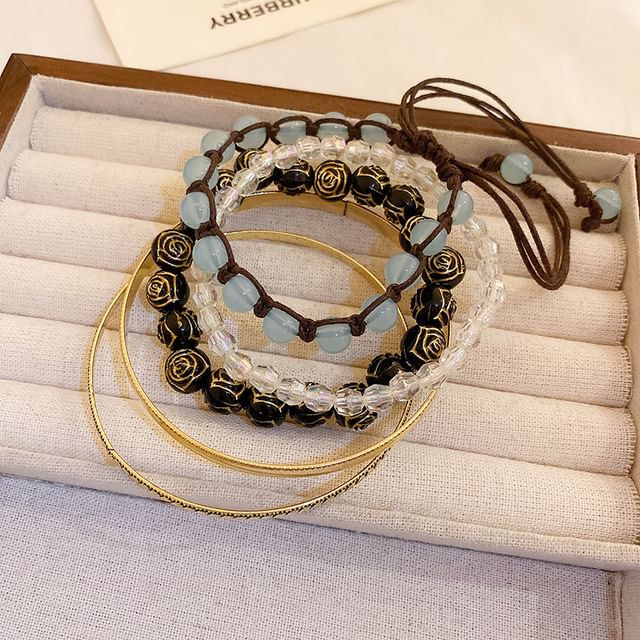 Set / Metal Bangle Beaded Bracelet