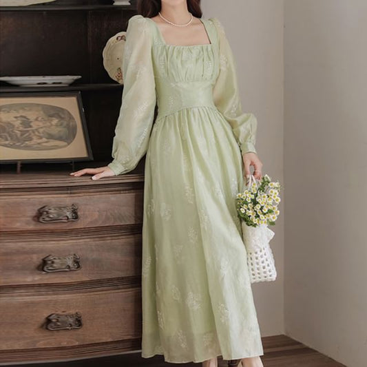 Square Neck Long Sleeve Embroidered Midi A-Line Dress