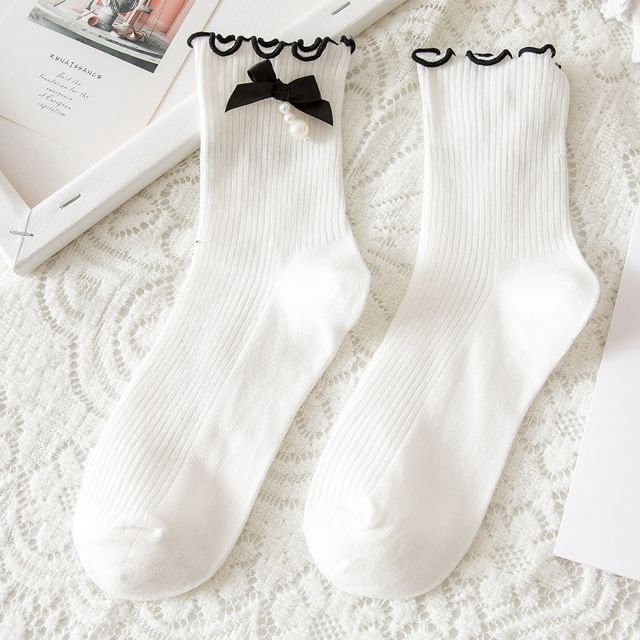 Frill Trim Ribbon Accent Crew Socks