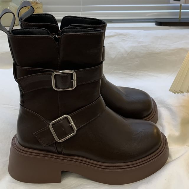 Platform Plain Buckle Short Boots