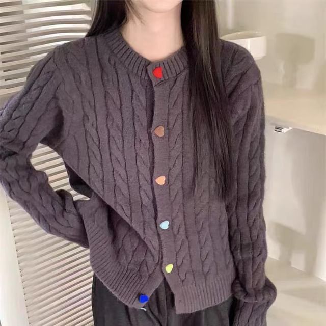 Rainbow-Button Cable-Knit Round-Neck Cardigan in 5 Colors