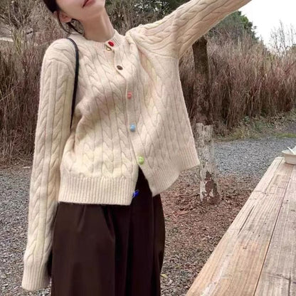 Rainbow-Button Cable-Knit Round-Neck Cardigan in 5 Colors