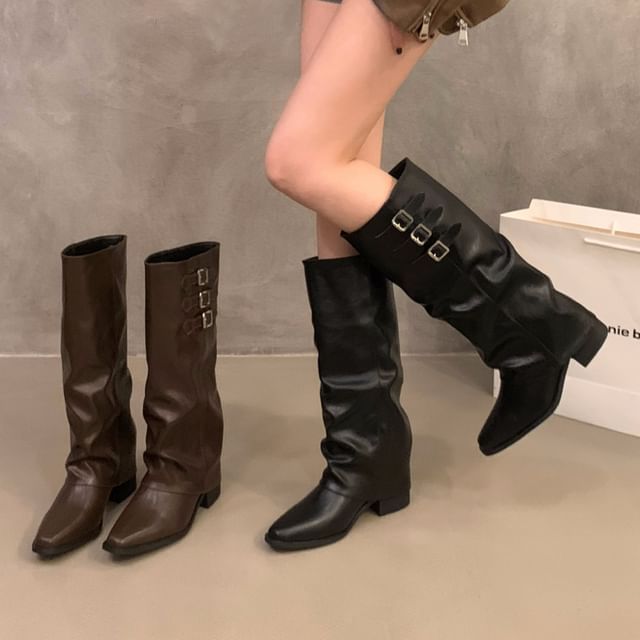 Block Heel Adjustable Buckled Tall Boots