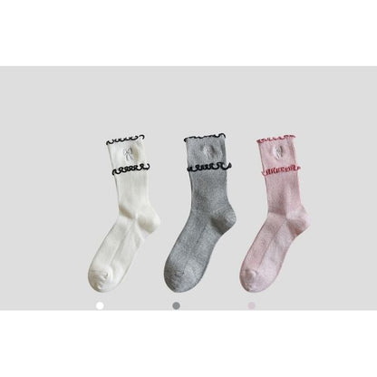 Bow Embroidered Frill Short Socks / Set