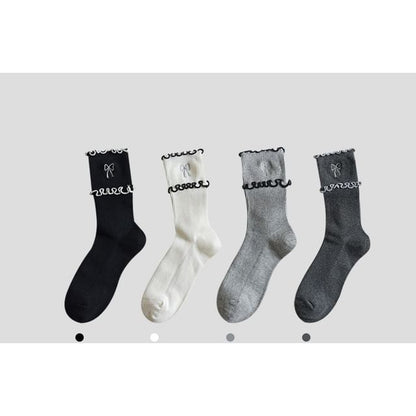 Bow Embroidered Frill Short Socks / Set