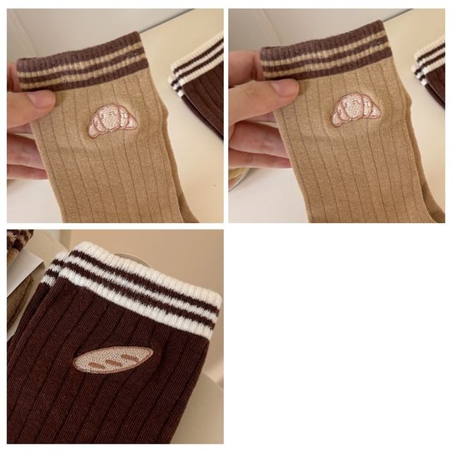 Striped Embroidered Ribbed Short Socks Set