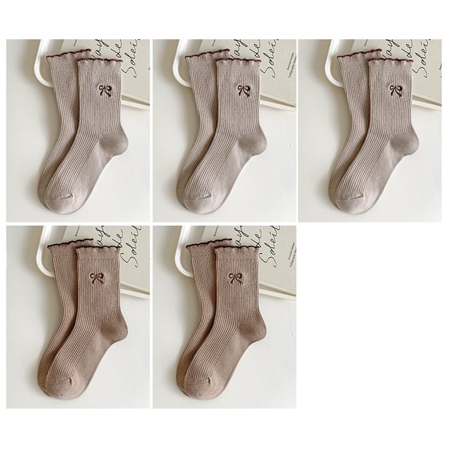 Bow Embroidered Ribbed Short Socks Set