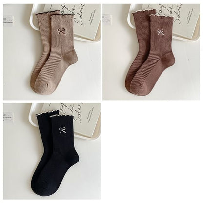 Bow Embroidered Ribbed Short Socks Set