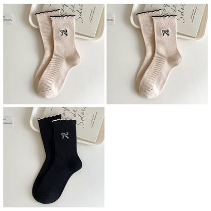 Bow Embroidered Ribbed Short Socks Set