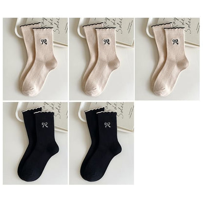 Bow Embroidered Ribbed Short Socks Set